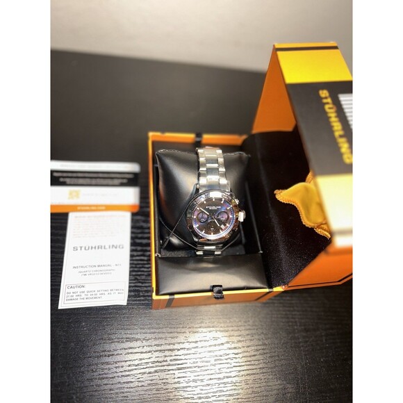 Stuhrling 3960 2 Quartz Chronograph Date Stainless Steel Bracelet Mens Watch - Picture 3 of 12